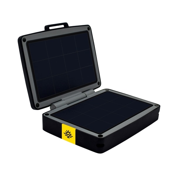 A black solar charger in its box
